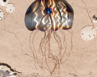 Polished Steel Baby Jellyfish Painted with Fire steel metal wall decor Jelly Fish abstract metal art Copper tentacles