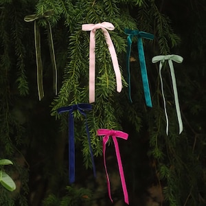 Può includere: Un assortimento di fiocchi di nastro di velluto in vari colori, tra cui verde, rosa, verde acqua, blu e fucsia. I fiocchi sono esposti su uno sfondo di aghi di pino verdi, creando una composizione decorativa.