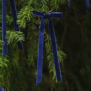 May include: A close-up shot of a Christmas tree branch decorated with navy blue velvet ribbon bows and streamers. The ribbons are tied in bows and hang down, creating a festive display. The dark green needles provide a contrasting backdrop.