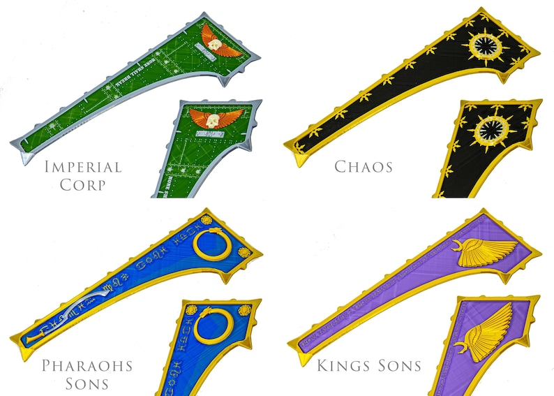 Peut inclure: Illustration de quatre banni&egrave;res aux designs uniques. Les banni&egrave;res sont &eacute;tiquet&eacute;es "Imperial Corp", "Chaos", "Pharaohs Sons" et "Kings Sons". Chaque banni&egrave;re pr&eacute;sente une palette de couleurs et un embl&egrave;me diff&eacute;rents, dont un cr&acirc;ne ail&eacute;, un soleil et une figure ail&eacute;e.