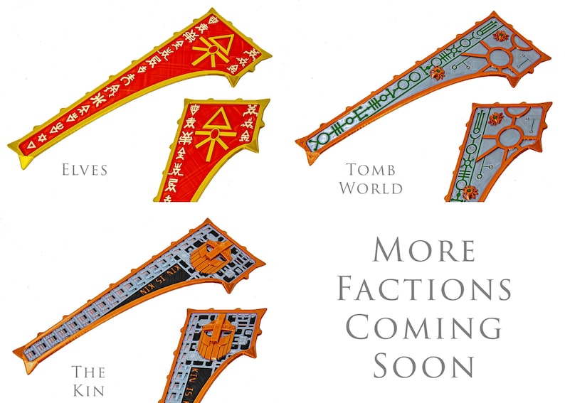 Peut inclure: Illustration de trois banni&egrave;res de factions avec des motifs d&eacute;taill&eacute;s. Les banni&egrave;res sont &eacute;tiquet&eacute;es "Elves", "Tomb World" et "The Kin". L'image comprend &eacute;galement le texte "More Factions Coming Soon."