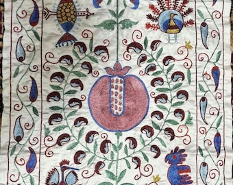 Uzbek Suzani Wall Hanging – Hand Embroidered Silk Textile – Traditional Central Asian Home Decor – Unique Handmade Gift