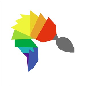 May include: Abstract geometric design with a rainbow colour scheme. The design is shaped like a crescent moon with a grey tail.