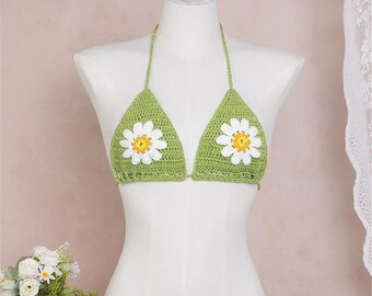 ZINTORA 2025 New Sexy Flower Floral Halter Crochet Knitted Bikini Top Female Swimsuit Women Swimwear Bather Bathing Suit Swim
