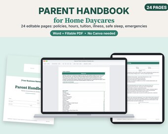 Home Daycare Parent Handbook Template, Editable Word & Fillable PDF, Childcare Policies and Procedures, 24 Pages