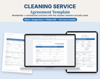 Cleaning Service Agreement, House Cleaning Contract Template, Residential & Commercial, Word, Google Docs, Fillable PDF