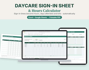 Daycare Attendance Sheet, Hours and Billing Calculator, Excel & Google Sheets, Printable Sign In Out Tracker