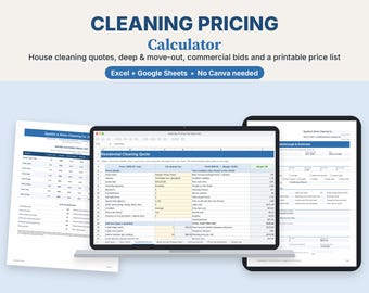 Cleaning Business Pricing Calculator, Excel & Google Sheets, Residential Price List, Move Out and Commercial Bid