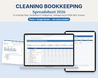 Cleaning Business Bookkeeping Spreadsheet 2026, Excel & Google Sheets, Mileage Log, 1099 Tracker, Profit and Loss