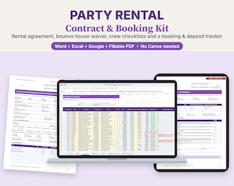 Party Rental Contract Template & Booking Tracker, Bounce House Waiver, Equipment Rental Agreement, Word Excel PDF