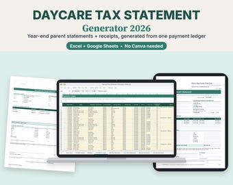Home Daycare Tax Statement Generator 2026, Excel & Google Sheets, Childcare Receipts and Payment Ledger