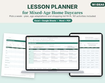 Home Daycare Lesson Planner, Mixed Age Weekly Lesson Plan Template, Excel & Google Sheets, 160+ Activities
