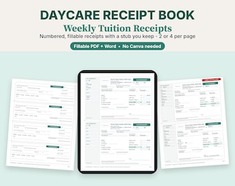 Daycare Receipt Book, Fillable PDF & Word, Weekly Childcare Tuition Payment Receipt Template