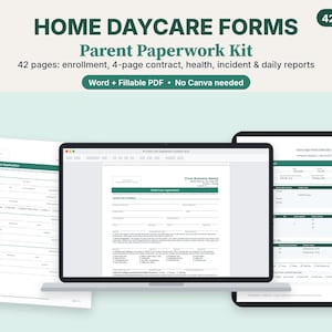 Könnte beinhalten: Ein digitales Formular-Set für die Kindertagespflege mit 42 Seiten, darunter Anmeldung, ein 4-seitiger Vertrag sowie Gesundheits-, Vorfall- und Tagesberichte. Kompatibel mit Word und ausfüllbaren PDFs, keine Canva-Software erforderlich.