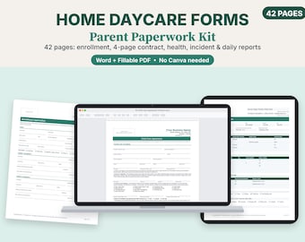 Home Daycare Forms Bundle, Childcare Parent Paperwork, Contract, Enrollment, Incident Reports, Editable Word & Fillable PDF