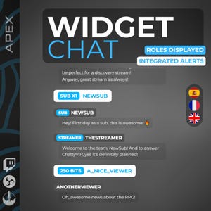 May include: A digital graphic displaying a chat widget interface with the text "WIDGET CHAT". The interface includes simulated chat messages, user roles, and integrated alerts. The design is dark with blue and white accents.