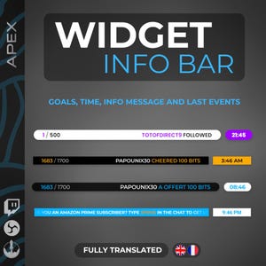 Peut inclure: Un graphique numérique affichant une "WIDGET INFO BAR" avec du texte blanc et bleu. Le graphique affiche des objectifs, l'heure et les événements récents, y compris les interactions des utilisateurs et les horodatages. Le bas du graphique indique "FULLY TRANSLATED".