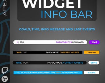 Twitch Widget Info Bar V2 | All-in-one overlay for streaming with Goal - Last Events - Time - Info Message | Customizable Stream Tool