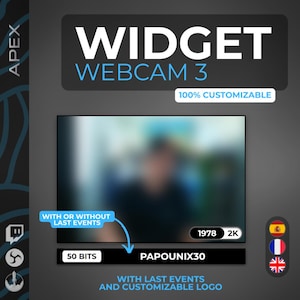 Twitch Widget Webcam Frame Pro WIDGET CAM 3 - Överlägg med lins, klocka, logotyp och händelser - StreamElements och OBS - 3 språk