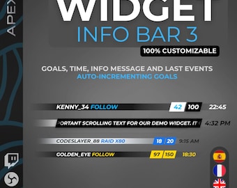 Twitch Info Bar 3 | All-in-One Widget: Auto Goals, Events, Scrolling Message & Clock | 3 Languages