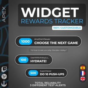 May include: A digital graphic with the text "WIDGET REWARDS TRACKER" and "100% CUSTOMIZABLE." It displays three reward options: "CHOOSE THE NEXT GAME," "HYDRATE!," and "DO 10 PUSH-UPS." The graphic includes a total reliability statement.
