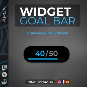 May include: A digital graphic with the text "WIDGET GOAL BAR" in white and blue. Below, it reads "ADJUSTABLE AUTO INCREMENT." A progress bar shows "40/50" with a blue progress indicator. The words "FULLY TRANSLATED" appear at the bottom.