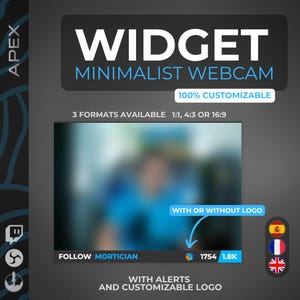 Puede incluir: Gráfico gris oscuro con la palabra "WIDGET" en blanco y "MINIMALIST WEBCAM" en azul. La imagen también incluye el texto "100% PERSONALIZABLE", "3 FORMATOS DISPONIBLES 1:1, 4:3 O 16:9", "CON O SIN LOGO" y "CON ALERTAS Y LOGO PERSONALIZABLE".