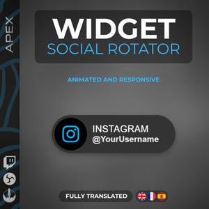 May include: A dark gray graphic with the words "WIDGET SOCIAL ROTATOR" in white and blue. Below, it says "ANIMATED AND RESPONSIVE." An Instagram icon is featured with the text "INSTAGRAM @YourUsername." The graphic is fully translated.