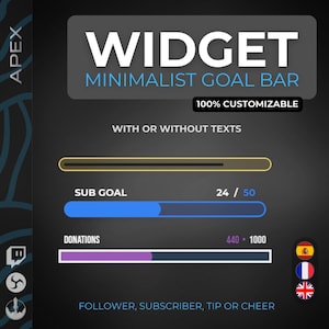 Peut inclure: Graphique numérique avec le mot « WIDGET » en blanc. En dessous, « MINIMALIST GOAL BAR » en bleu. L'image comprend des barres de progression pour les objectifs secondaires et les dons, avec le texte « 100 % PERSONNALISABLE » et « AVEC OU SANS TEXTES ».