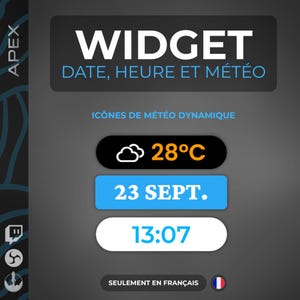 Peut inclure: Interface de widget numérique affichant le mot « WIDGET » au-dessus de la date, de l'heure et des informations météorologiques. La température est de 28°C, la date est le 23 septembre et l'heure est 13h07.