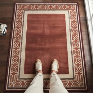 Rust Red Geometric Hand Tufted Wool Rug, Vintage Bordered Area Rug, Traditional Moroccan Inspired Rug, Boho Contemporary Home Decor