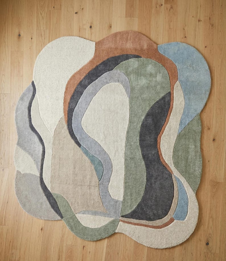 Abstract Hand Tufted Wool Rug, Organic Wavy Irregular Area Carpet ...