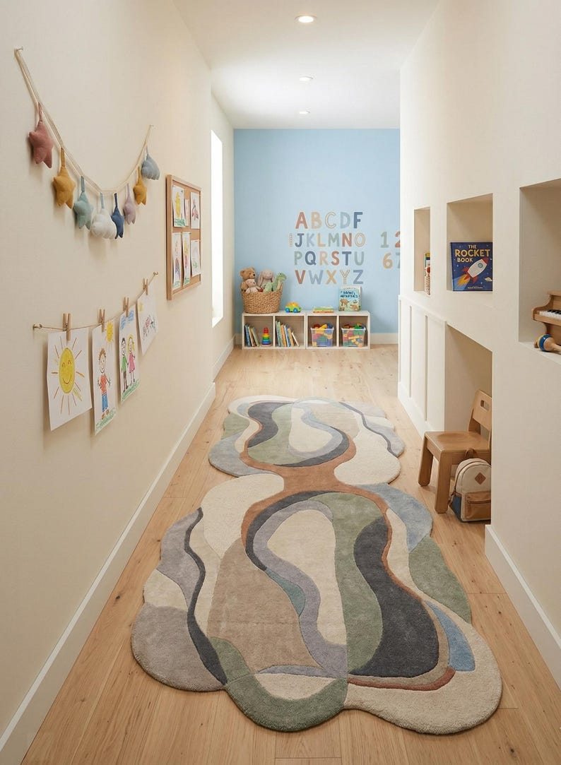 Abstract Hand Tufted Wool Rug, Organic Wavy Irregular Area Carpet ...