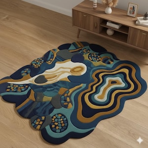Alfombra de lana tejida a mano, alfombra abstracta de forma irregular, alfombra de piso con patrón ondulado para sala de estar, linda decoración estética para la habitación, alfombra tejida de primera calidad