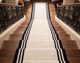 Black and Ivory Border Hand Tufted Wool Runner Rug, Modern Striped Stair Carpet, Elegant Hallway Rug, Custom Size Runner