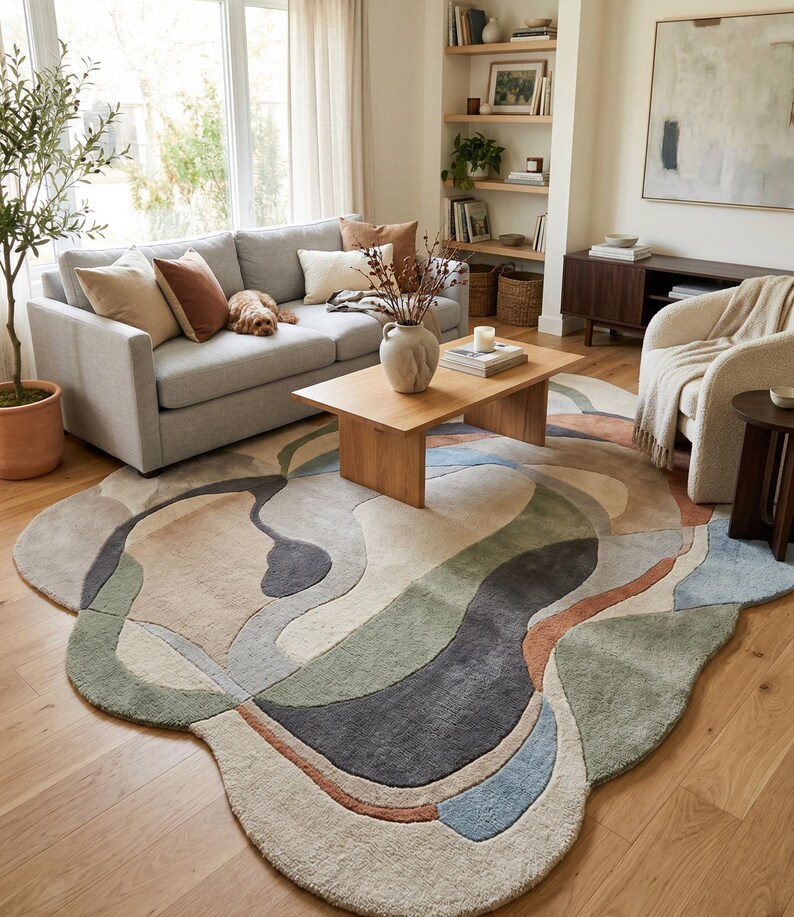 Abstract Hand Tufted Wool Rug, Organic Wavy Irregular Area Carpet ...