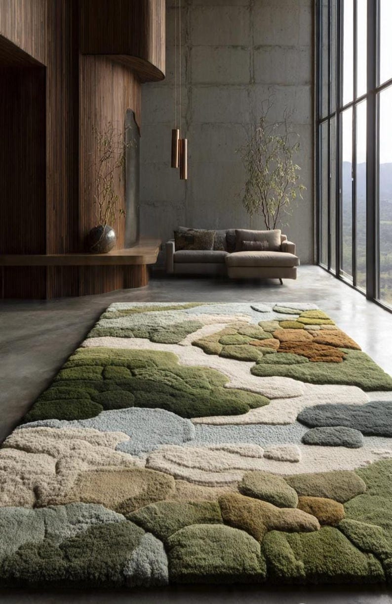 May include: A large, textured area rug with a landscape design in shades of green, beige, and blue. The rug's design resembles rolling hills or a natural terrain, adding a touch of nature to the room. The rug is placed in a modern living space.