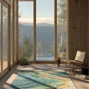 Op de afbeelding: Een zonnige kamer met grote ramen die uitkijken op een berglandschap. De kamer heeft een patroonkleed in tinten blauw, groen en bruin. Een houten stoel en een kleine tafel zijn ook aanwezig, wat een serene sfeer creëert.