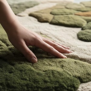 May include: A textured area rug with a botanical design in shades of green, beige, and brown. The rug's surface has a plush, raised texture, and a hand is resting on the rug.