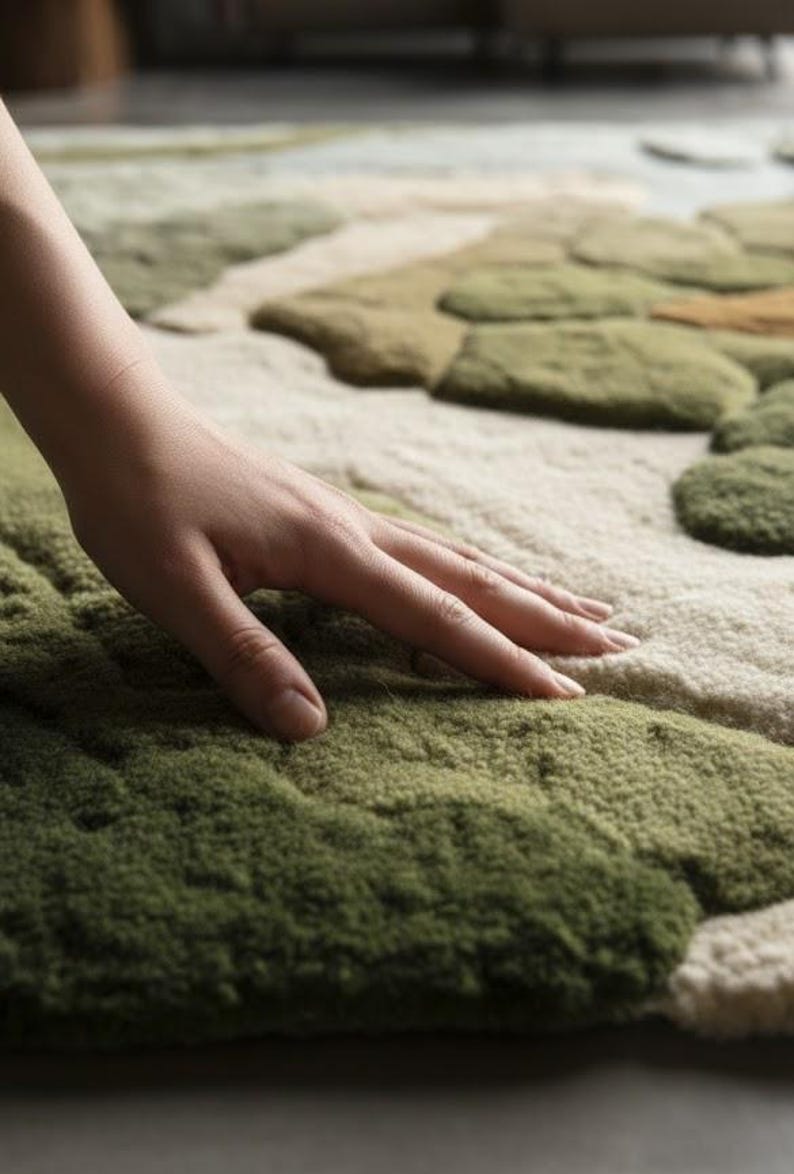 May include: A textured area rug with a botanical design in shades of green, beige, and brown. The rug's surface has a plush, raised texture, and a hand is resting on the rug.