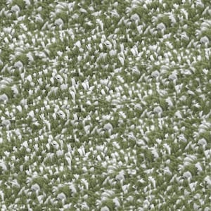 May include: Close-up of a textured fabric with a mix of green and white fibers. The fabric has a dense, looped pile, creating a soft, nubby surface. The color palette is dominated by shades of green and white, giving it a natural, organic feel.
