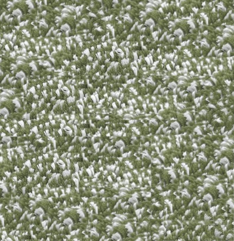 May include: Close-up of a textured fabric with a mix of green and white fibers. The fabric has a dense, looped pile, creating a soft, nubby surface. The color palette is dominated by shades of green and white, giving it a natural, organic feel.