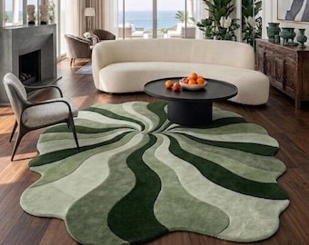 Modern Abstract Green Organic Rug | High Pile Sculptural Area Rug | Contemporary Organic Shape Floor Art | Custom Wool Rug,for living room.