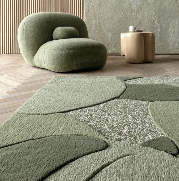 Sage Verdant Meadow high low pile Tufted Rug | Contemporary Living Room Decor your space in the lush tranquility of nature For living room.