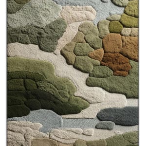 May include: A rectangular rug with a textured, abstract design. The rug features a pattern of overlapping shapes in shades of green, brown, beige, and gray. The design resembles a landscape or a topographical map. The rug is made of a soft, plush material.