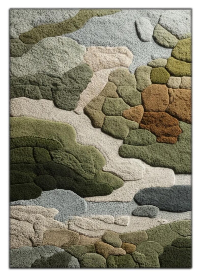 May include: A rectangular rug with a textured, abstract design. The rug features a pattern of overlapping shapes in shades of green, brown, beige, and gray. The design resembles a landscape or a topographical map. The rug is made of a soft, plush material.