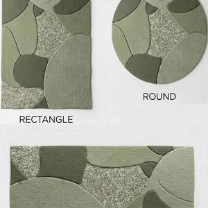 May include: Three rugs in different shapes: a rectangle, a circle, and a runner. Each rug features a pattern of overlapping, organic shapes in shades of green and a speckled, lighter green center. The word "ROUND", "RECTANGLE", and "RUNNER" are written below each rug.