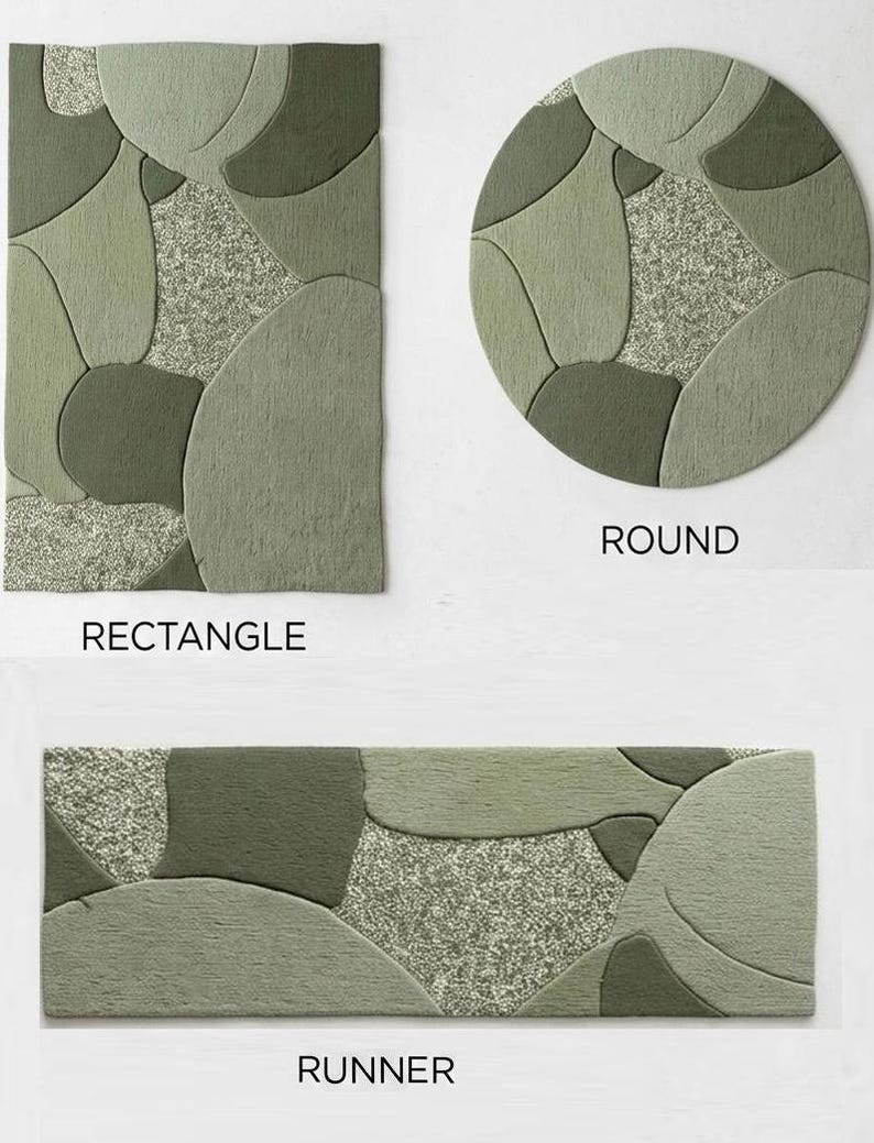 May include: Three rugs in different shapes: a rectangle, a circle, and a runner. Each rug features a pattern of overlapping, organic shapes in shades of green and a speckled, lighter green center. The word "ROUND", "RECTANGLE", and "RUNNER" are written below each rug.