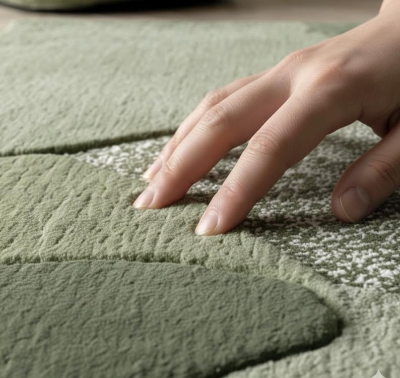 May include: Close-up of a green rug with a textured, organic design. The rug features varying shades of green, creating a layered effect. The surface appears soft and plush, with a hand gently touching the rug's surface.