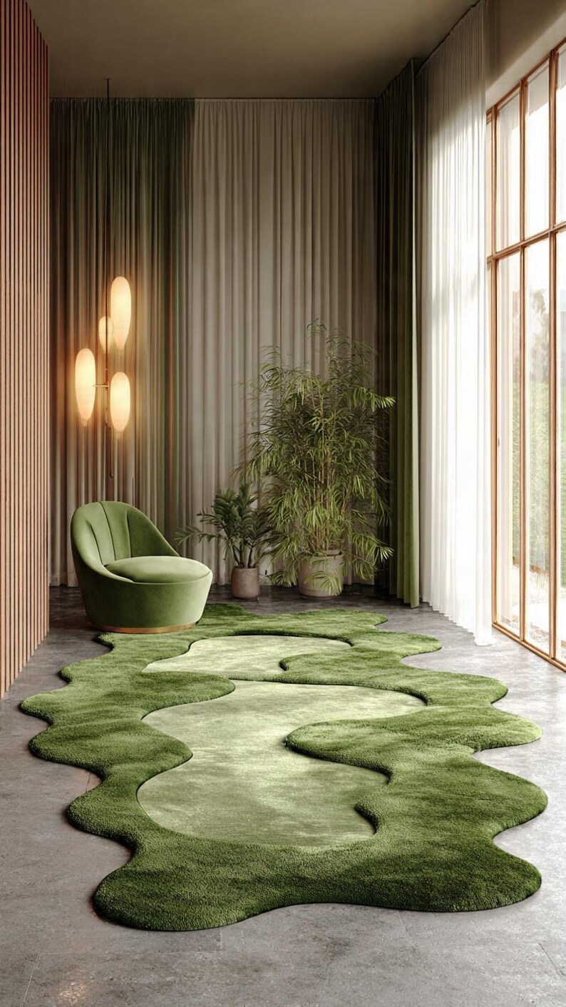 May include: A modern living room featuring a green, organic-shaped rug. A green armchair sits near the rug, with plants and curtains in the background. The room has a neutral color palette with natural light.